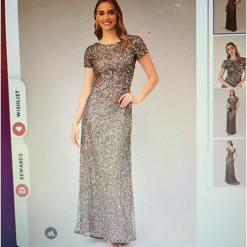 Adrianna Papell, Scoop back, floor length, Sequin dress in Pewter/Lead